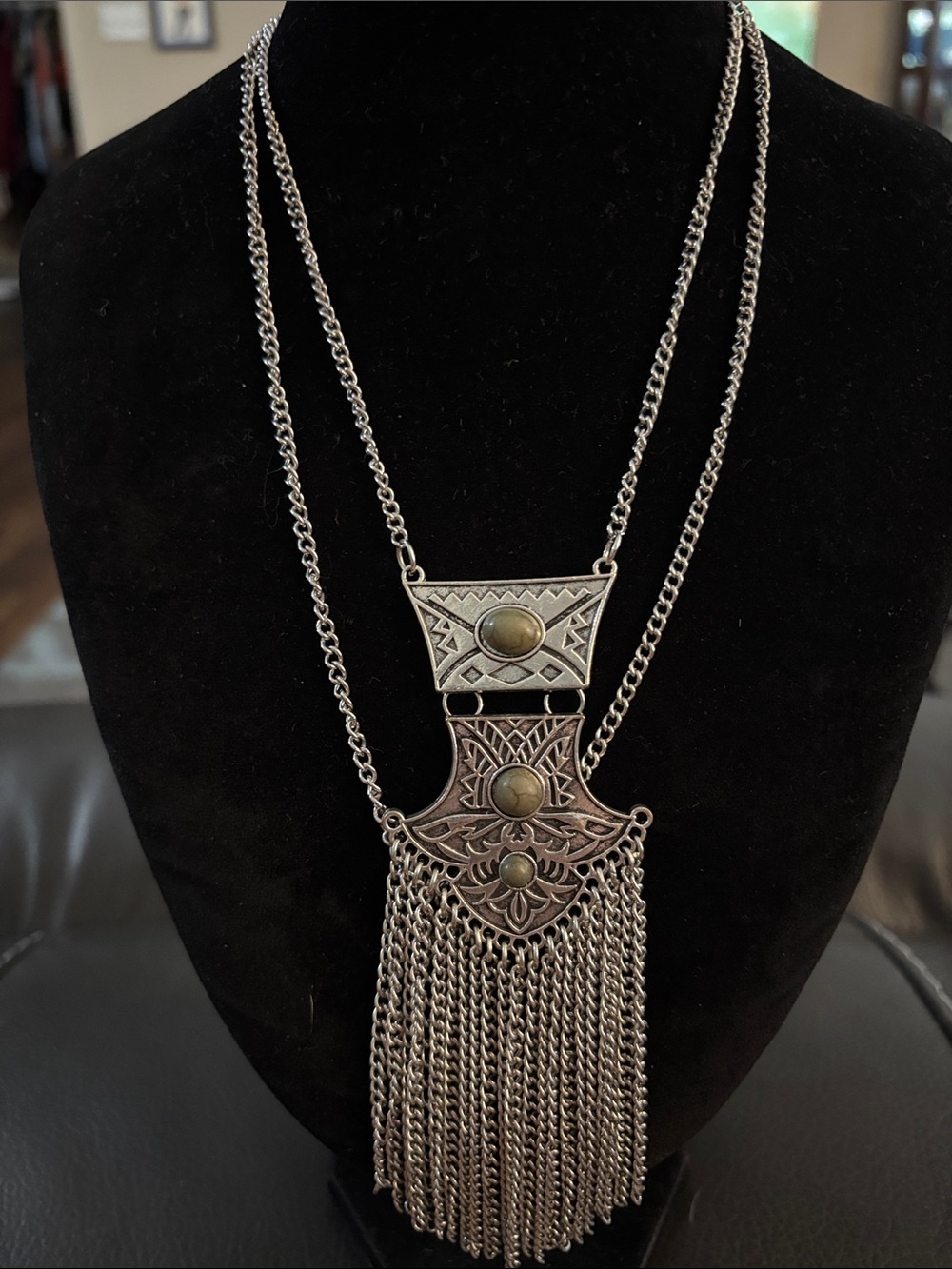 Boho Silver-Tone Fringe Necklace with Olive Accents